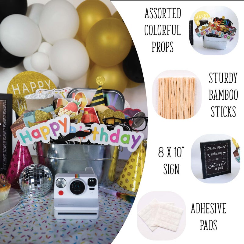 Outside The Booth Birthday Photo Booth Props - 41-pc Kit with 8 x 10-Inch Sign, 60 Adhesive Pads, 45 Sticks - Image 2
